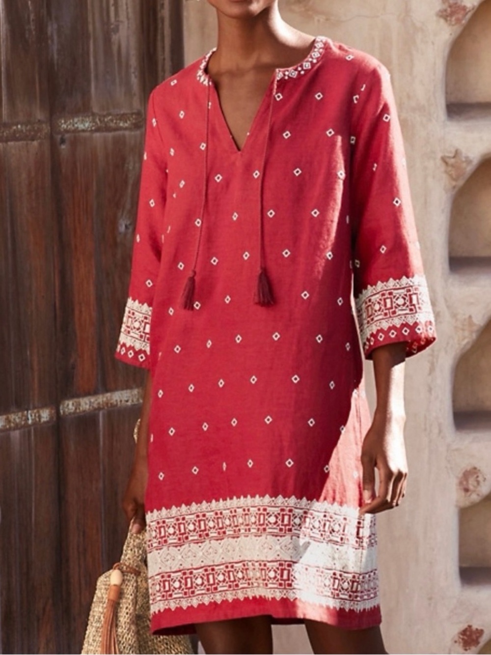 Garnet Hill Embroidered Linen Popover Dress Ruby Flax Embroidered Tassel Midi-10